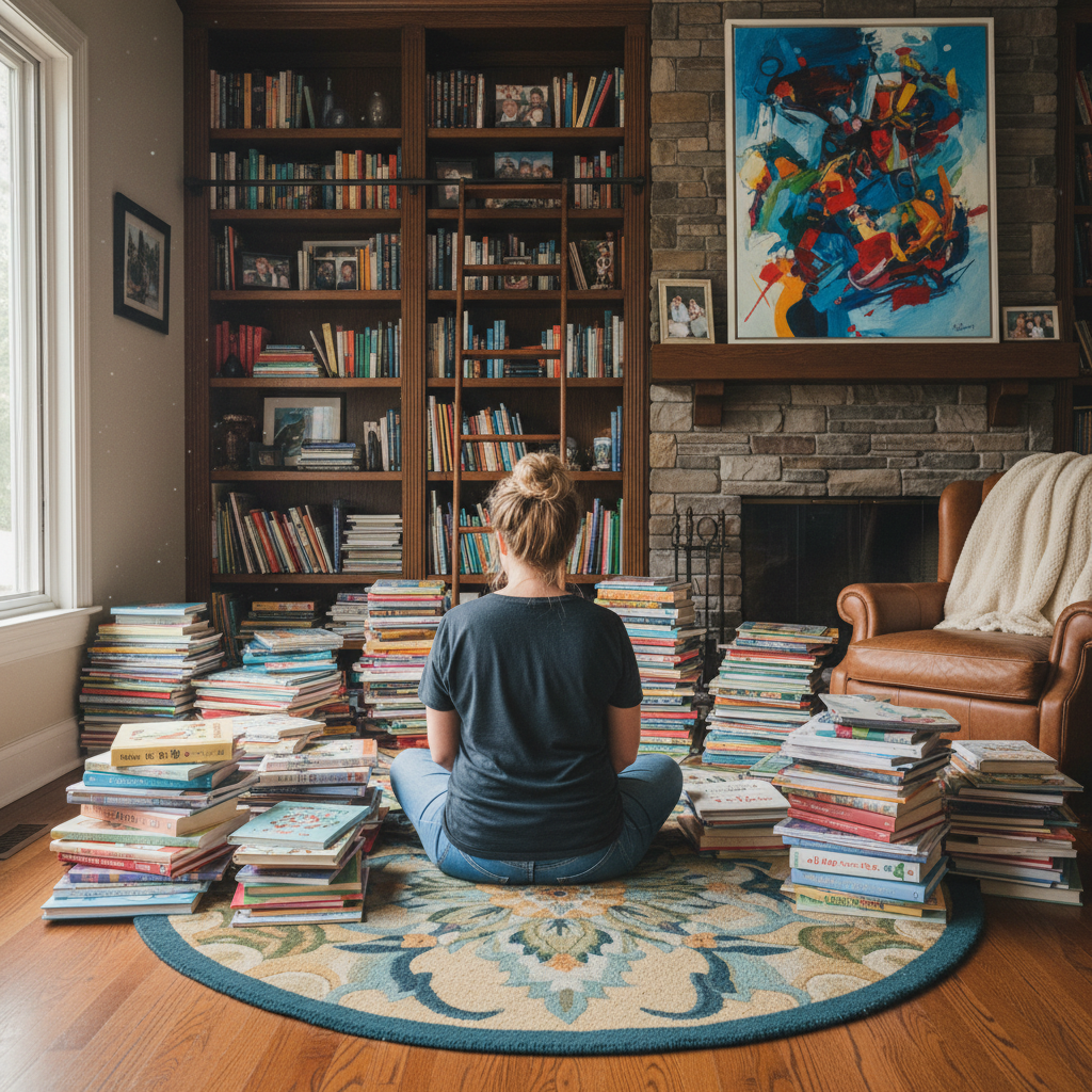 a short, slightly chunky blonde woman viewed from the back, sitting cross-legged on a round floral patterned rug on hardwood floors. She is surrounded by haphazard piles of children's books, floor-to-ceiling bookshelves with an aged bronze rolling ladder along the wall. The cozy scene now includes a fireplace with a beautiful, colorful painting above it, and a soft armchair made of aged warm leather with a fluffy cream blanket thrown over the back. The light is soft, and the setting is peaceful, happy, and calm.